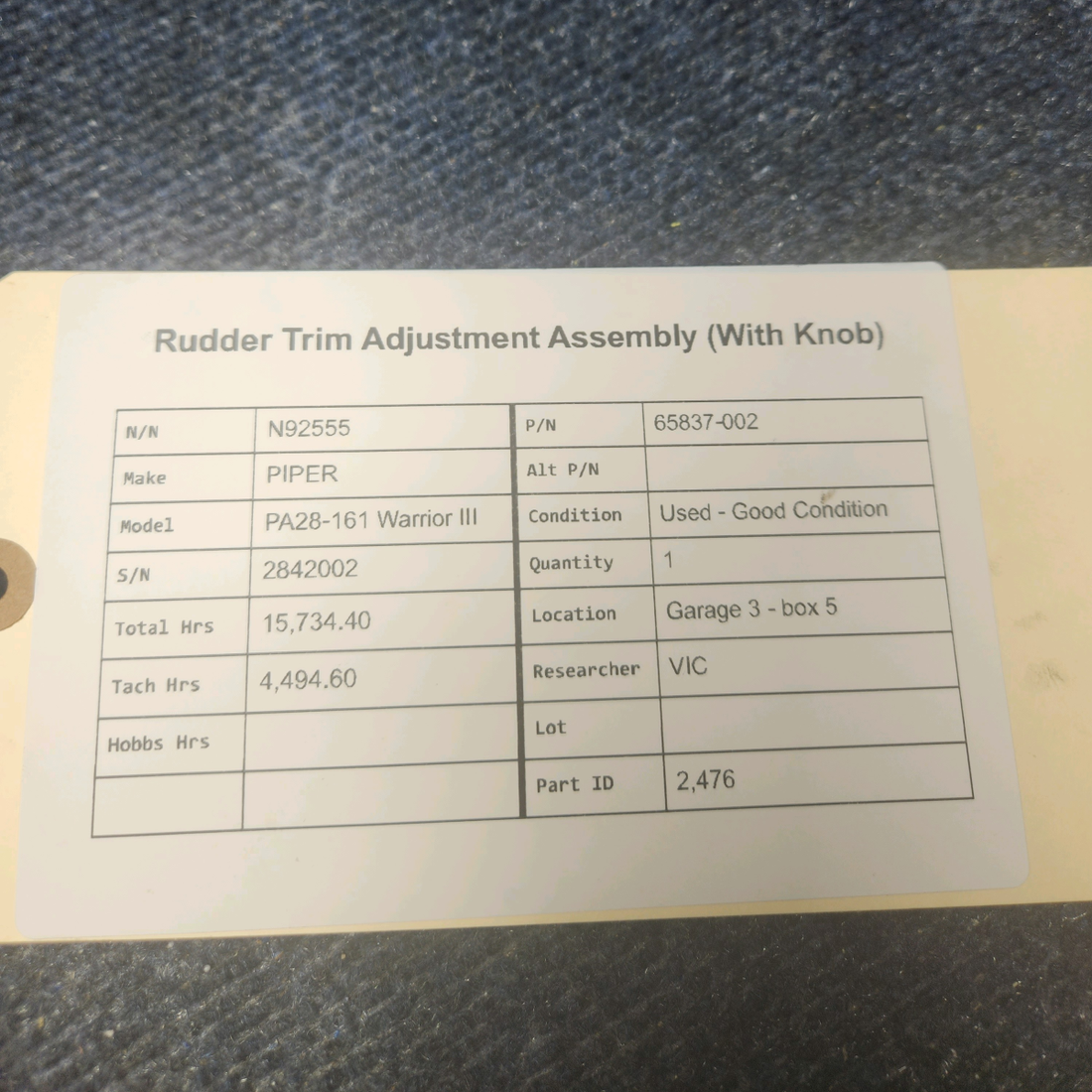 Used aircraft parts for sale, 65837-002 PIPER PA28-161 Warrior III RUDDER TRIM ADJUSTMENT ASSEMBLY (WITH KNOB)