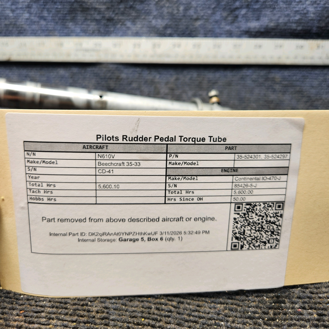 Used aircraft parts for sale, 35-524301, 35-524297 Beechcraft 35-33 Pilots Rudder Pedal Torque Tube