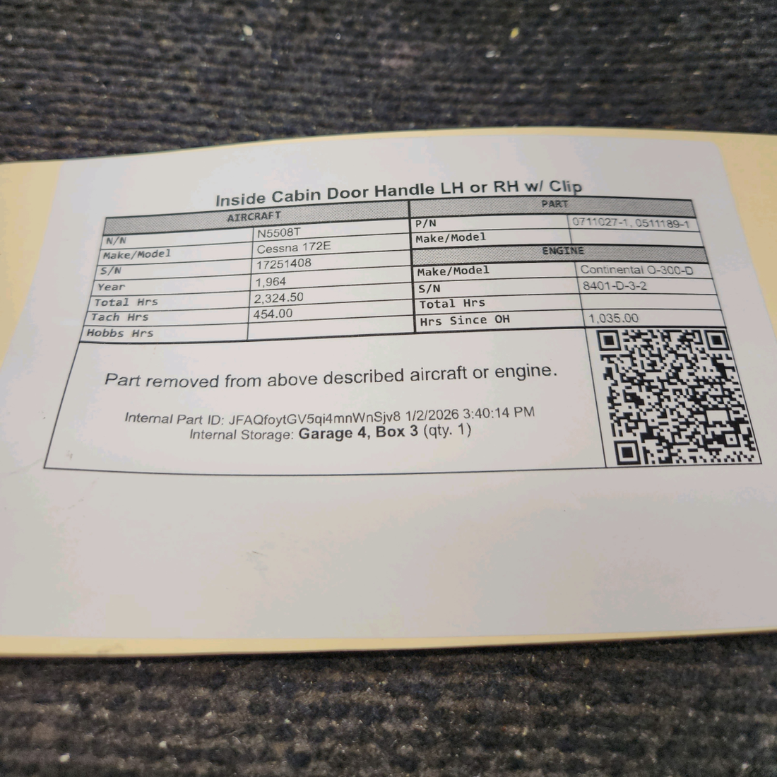 Used aircraft parts for sale, 0711027-1, 0511189-1 Cessna 172E Inside Cabin Door Handle LH or RH w/ Clip