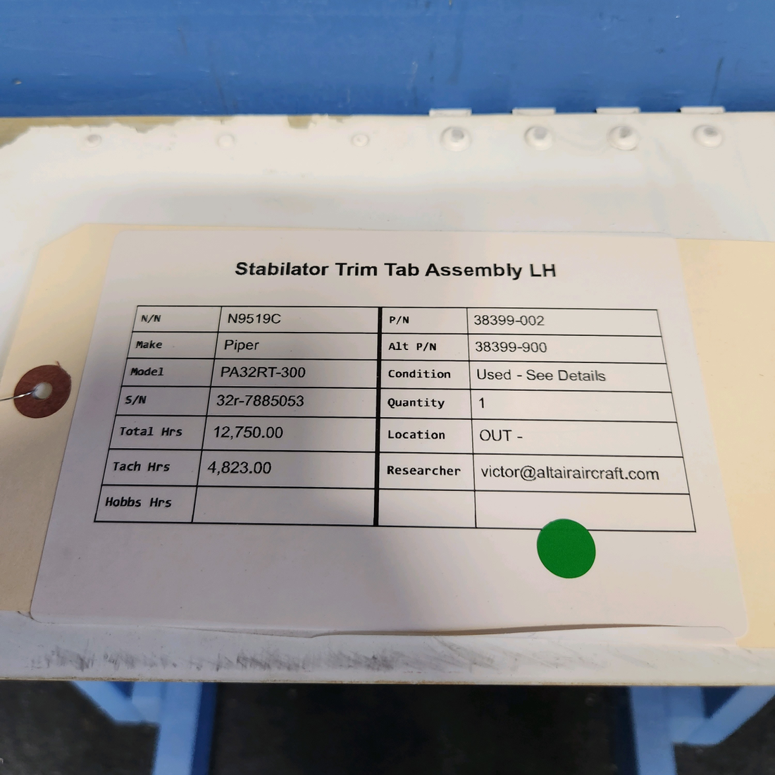 Used aircraft parts for sale, 38399-002 Piper PA32RT-300 STABILATOR TRIM TAB ASSEMBLY LH