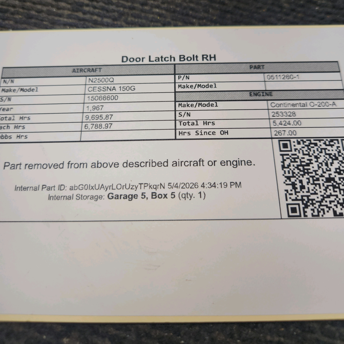 Used aircraft parts for sale, 0511260-1 cessna 150G Door Latch Bolt – LH