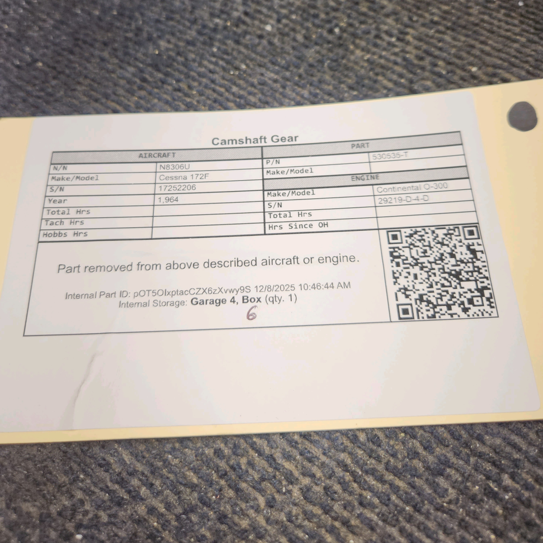 Used aircraft parts for sale, 530535 Continental O-300D Cessna 172F Camshaft Gear