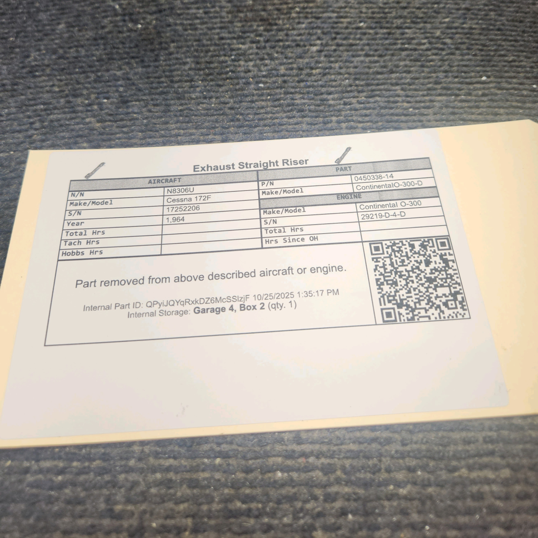 Used aircraft parts for sale, 0450338-14 Continental O-300-D Cessna 172F Exhaust Straight Riser