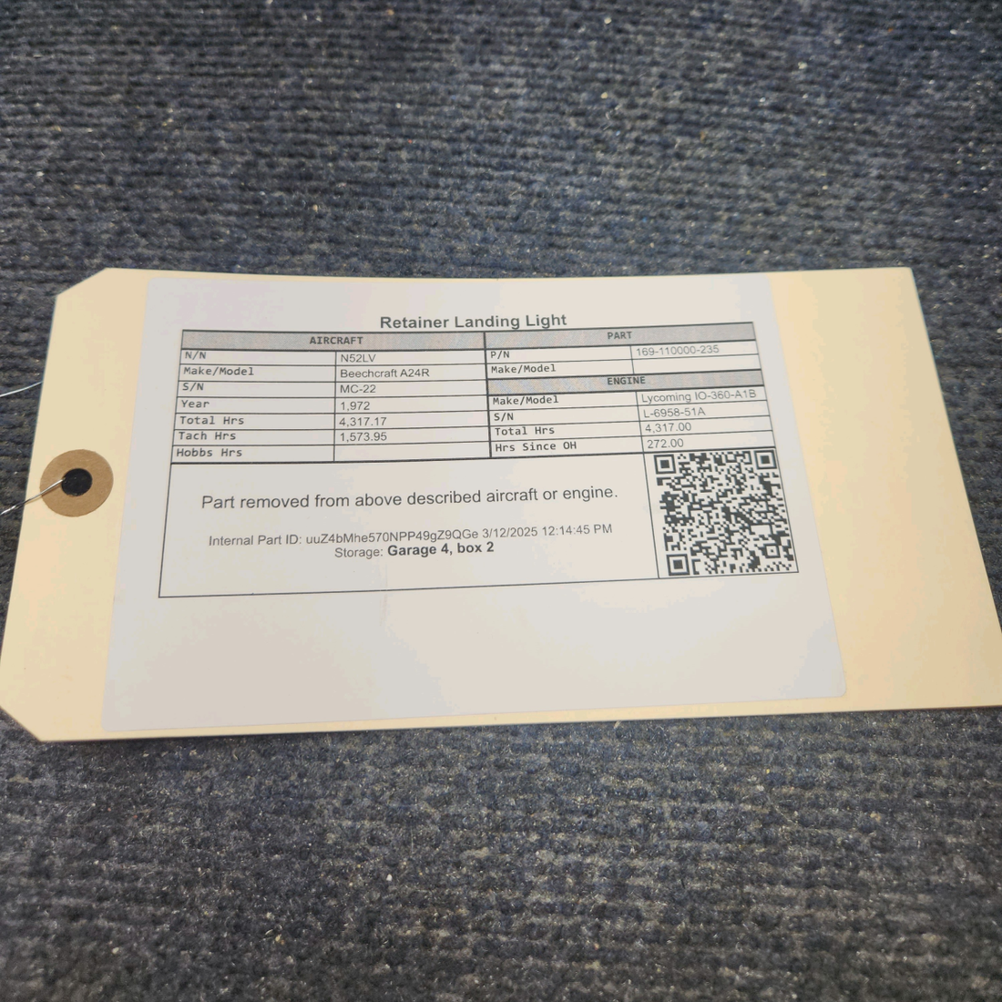 Used aircraft parts for sale, 169-110000-235 Beechcraft A24R Retainer Landing Light