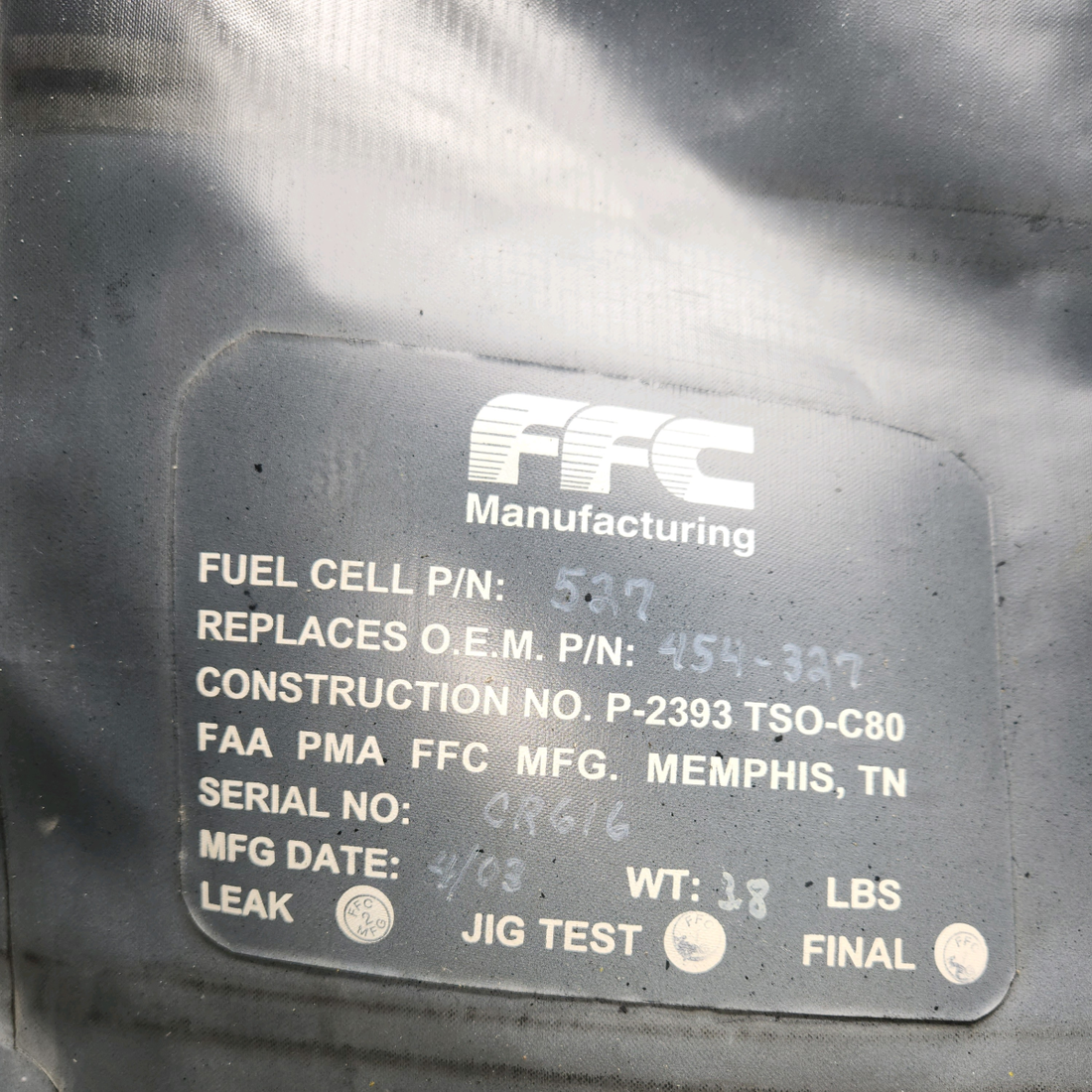 Used aircraft parts for sale, 454-327 PIPER PA-24-250 RH Aux Tank, 15 Gallons. MFG 04/2003