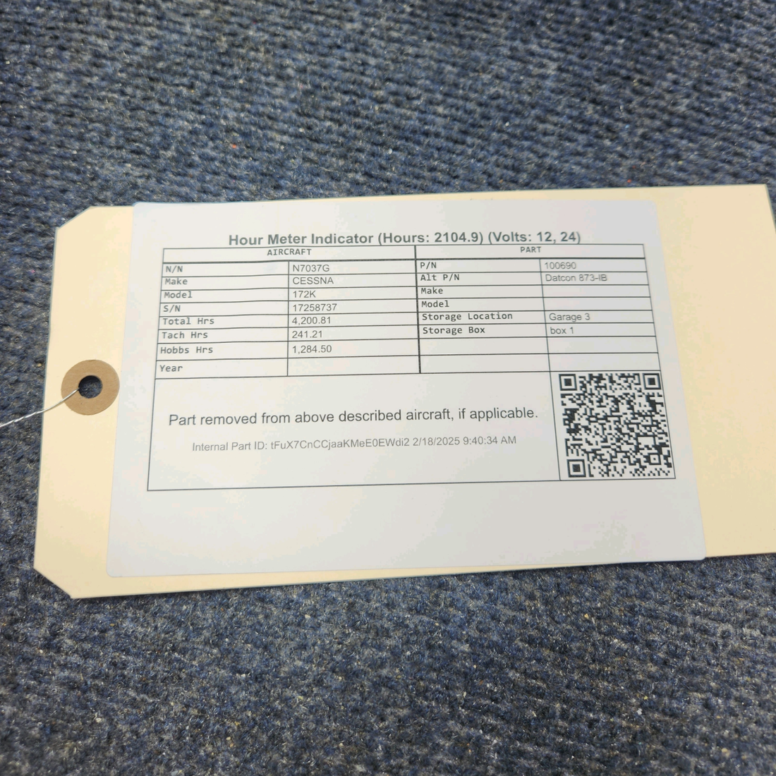 Used aircraft parts for sale, 100690 CESSNA 172K HOUR METER INDICATOR (HOURS: 2104.9) (VOLTS: 12, 24)