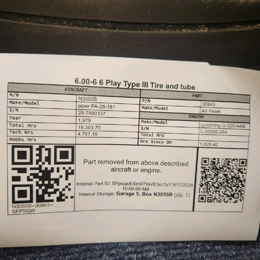 Used aircraft parts for sale, 30843 Air Hawk piper PA-28-181 6.00-6 4-Ply Type III Aircraft Tire with Tube
