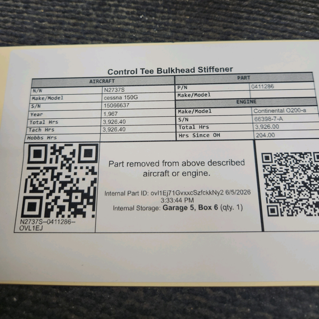 Used aircraft parts for sale, 0411286 cessna 150G Control Tee Bulkhead Stiffener