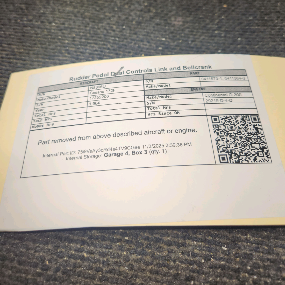 Used aircraft parts for sale, 0411573-1, 0411564-3 Cessna 172F Rudder Pedal Dual Controls Link and Bellcrank