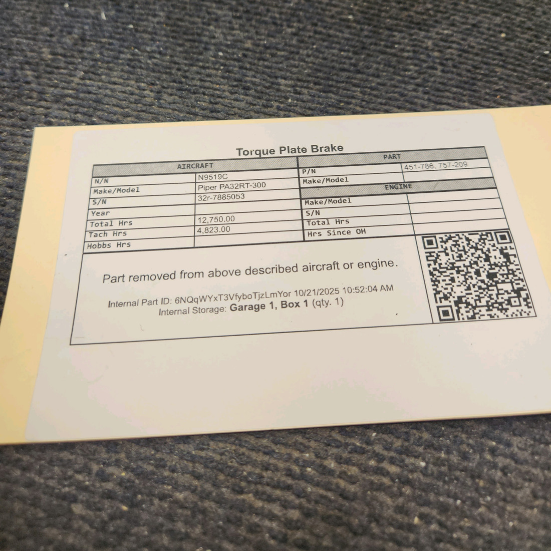 Used aircraft parts for sale, 451-786 Piper PA32RT-300 Brake Torque Plate