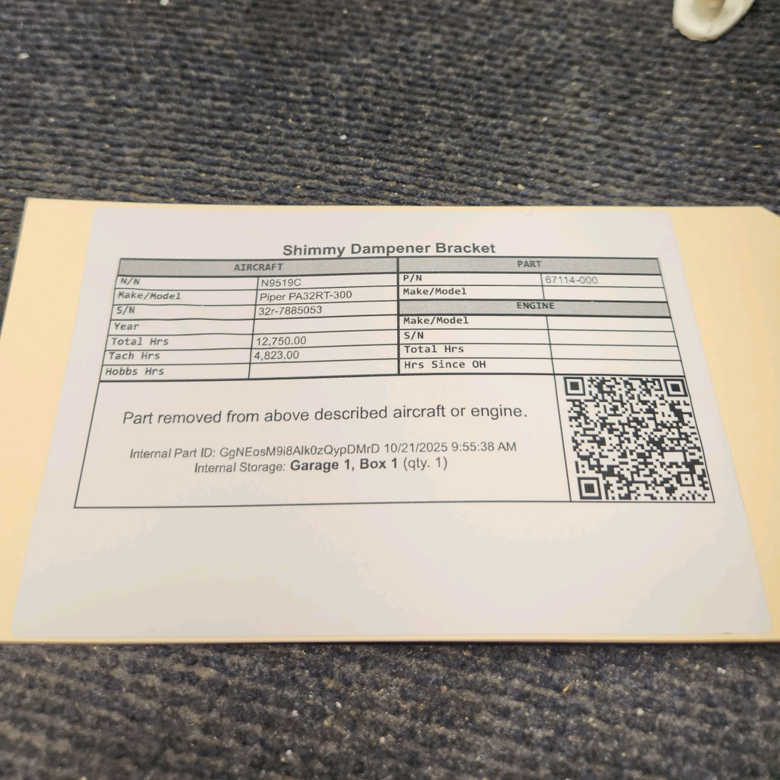 Used aircraft parts for sale, 67114-000 Piper PA32RT-300 Shimmy Dampener Bracket