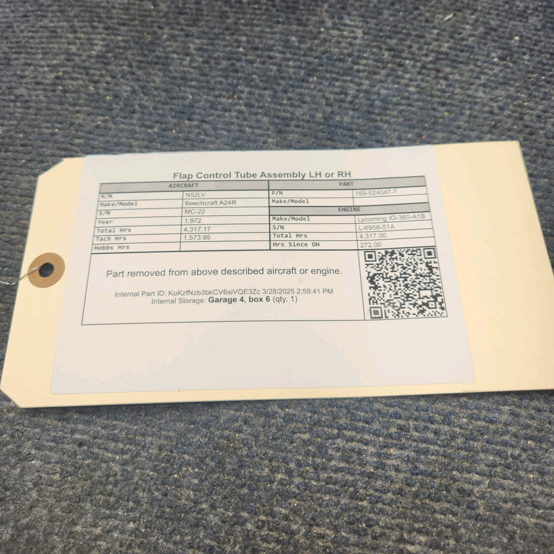 Used aircraft parts for sale, 169-524047-7 Beechcraft A24R Flap Control Tube Assembly LH or RH