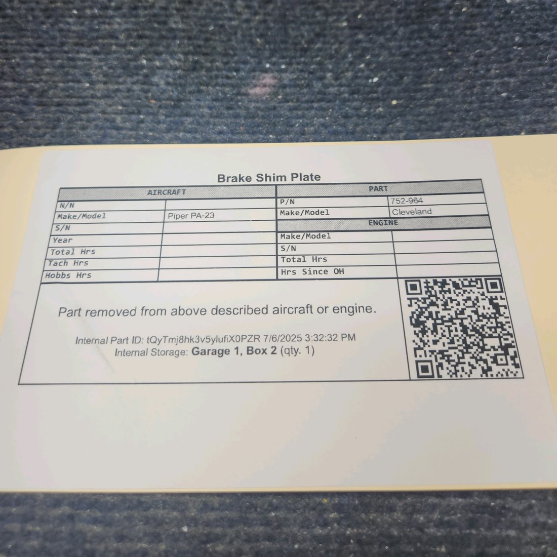 Used aircraft parts for sale, 752-964 Cleveland Piper PA-23 Brake Shim Plate