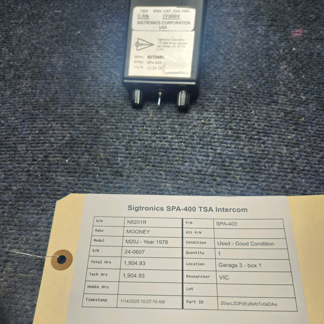 Used aircraft parts for sale, SPA-400 Sigtronics SPA MOONEY M20J SIGTRONICS  SPA-400 TSA INTERCOM