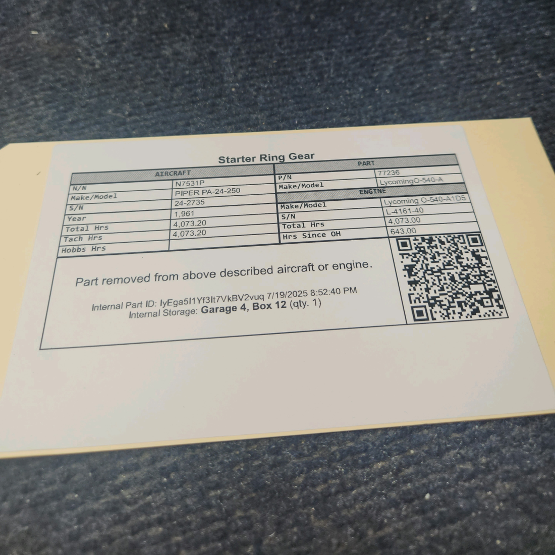 Used aircraft parts for sale, 77236 Lycoming O-540-A PIPER PA-24-250 Starter Ring Gear