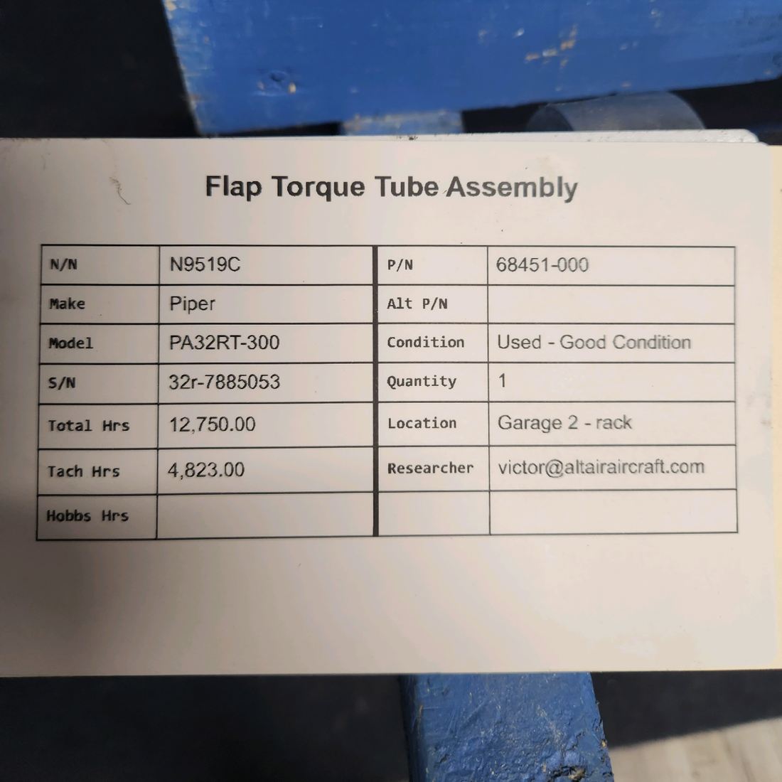 Used aircraft parts for sale, 68451-000 Piper PA32RT-300 FLAP TORQUE TUBE ASSEMBLY