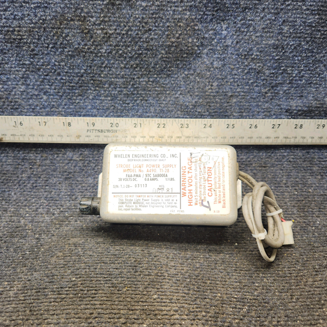 Used aircraft parts for sale, A490,T1-28 Whelen Strobe Light Power Supply (28V)