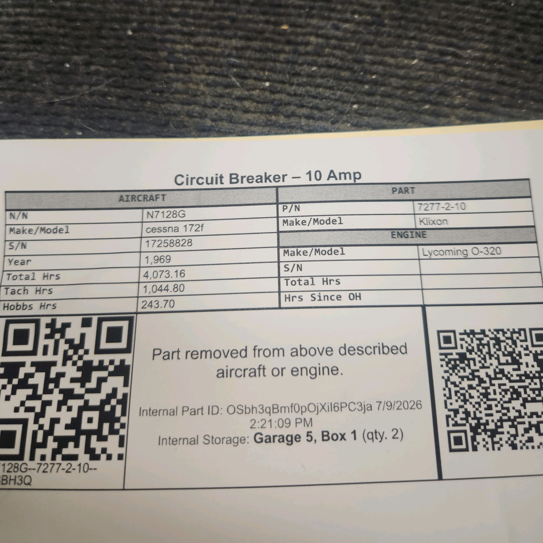 Used aircraft parts for sale, 7277-2-10 Klixon cessna 172k Circuit Breaker – 10 Amp