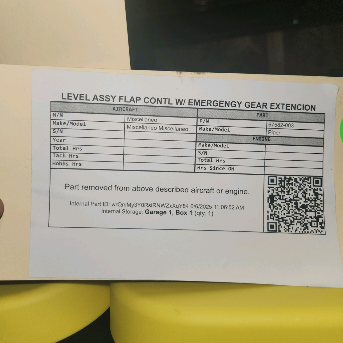 Used aircraft parts for sale, 67582-003 Piper PA28RT-200 Flap Control Lever Assembly w/ Emergency Gear Extension