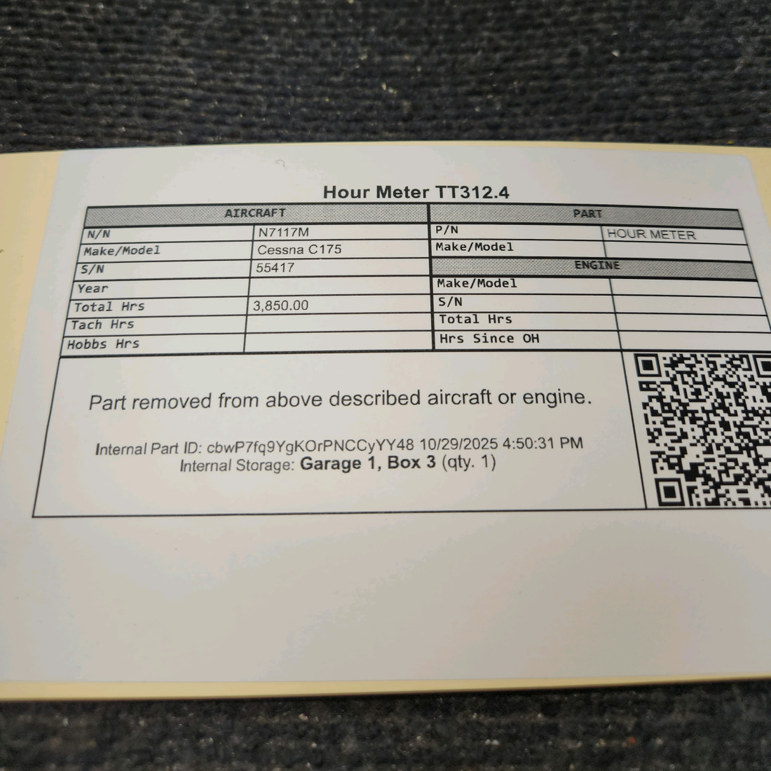 Used aircraft parts for sale, HOUR METER Cessna C175 Hour Meter TT312.4