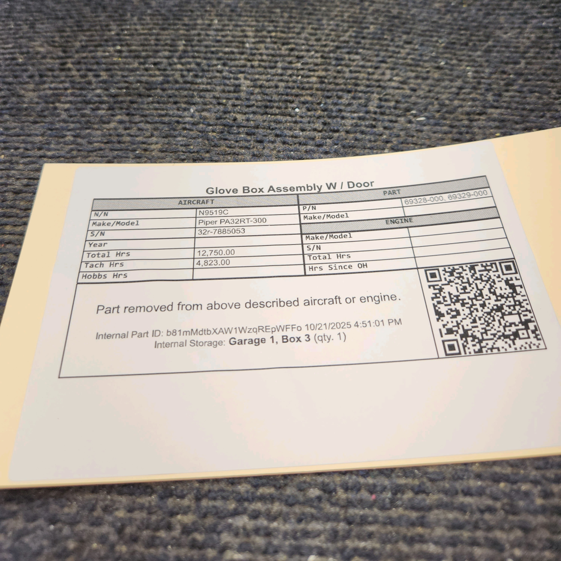 Used aircraft parts for sale, 69328-000 Piper PA32RT-300 Glove Box Assembly with Door