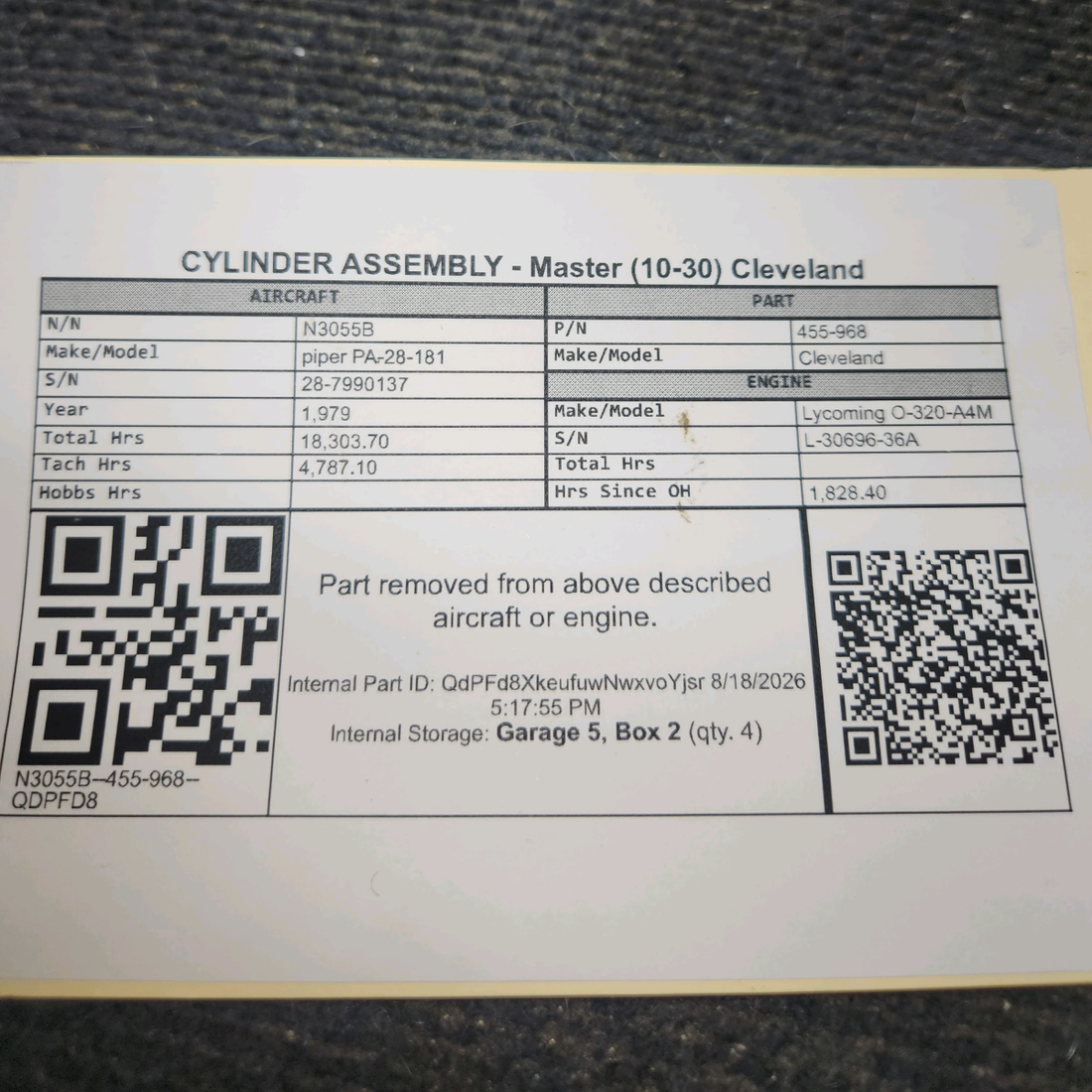 Used aircraft parts for sale, 455-968 Cleveland 10-30 piper PA-28-181 Master Cylinder Assembly