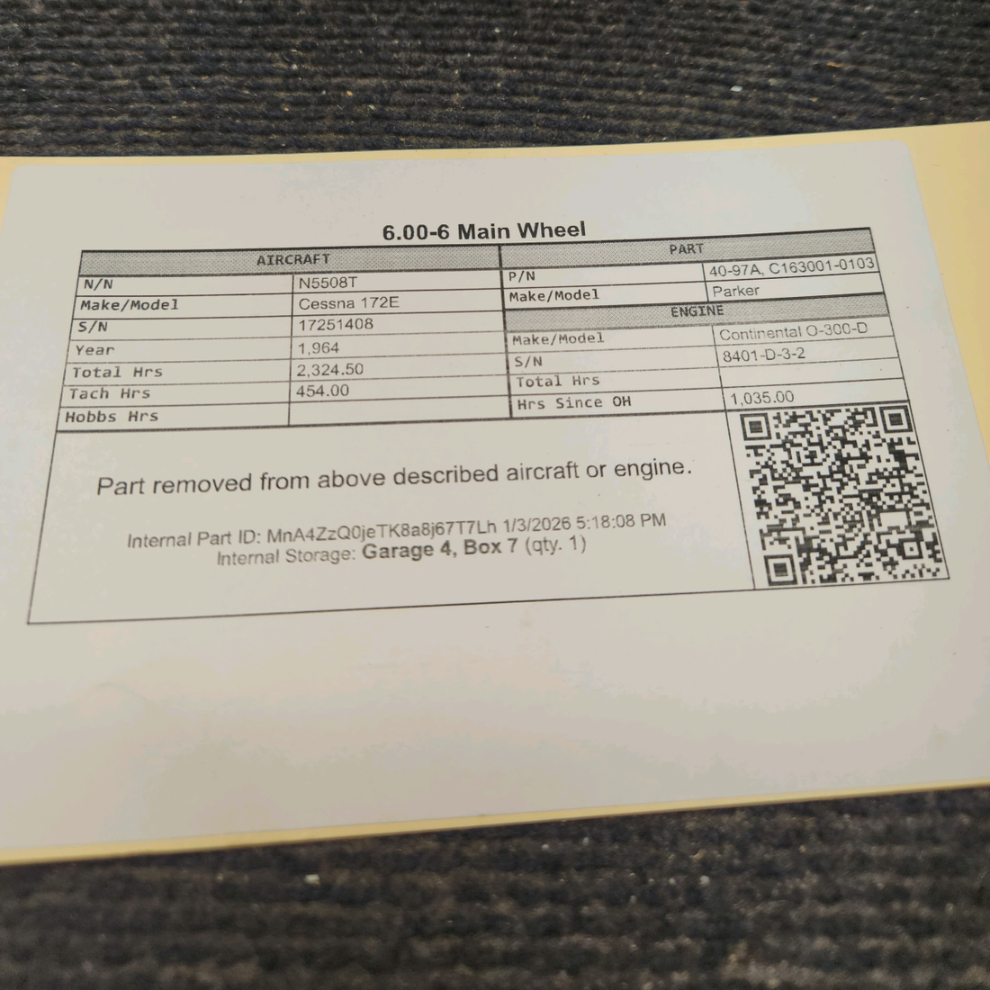 Used aircraft parts for sale, 40-97A Parker Cessna 172E 6.00-6 Main Wheel