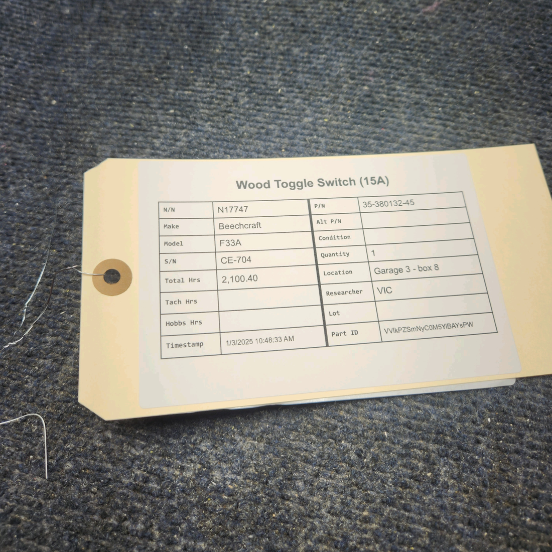 Used aircraft parts for sale, 35-380132-45 Beechcraft F33A WOOD TOGGLE SWITCH (15A)