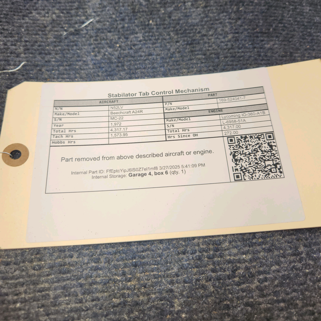 Used aircraft parts for sale, 169-524041-7 Beechcraft A24R Stabilator Tab Control Mechanism