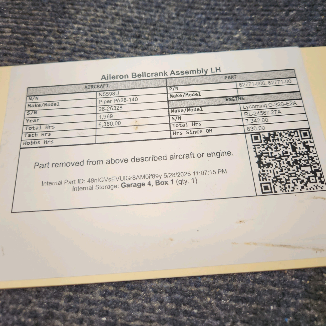 Used aircraft parts for sale, 62771-000 Piper PA28-140 Aileron Bellcrank Assembly LH