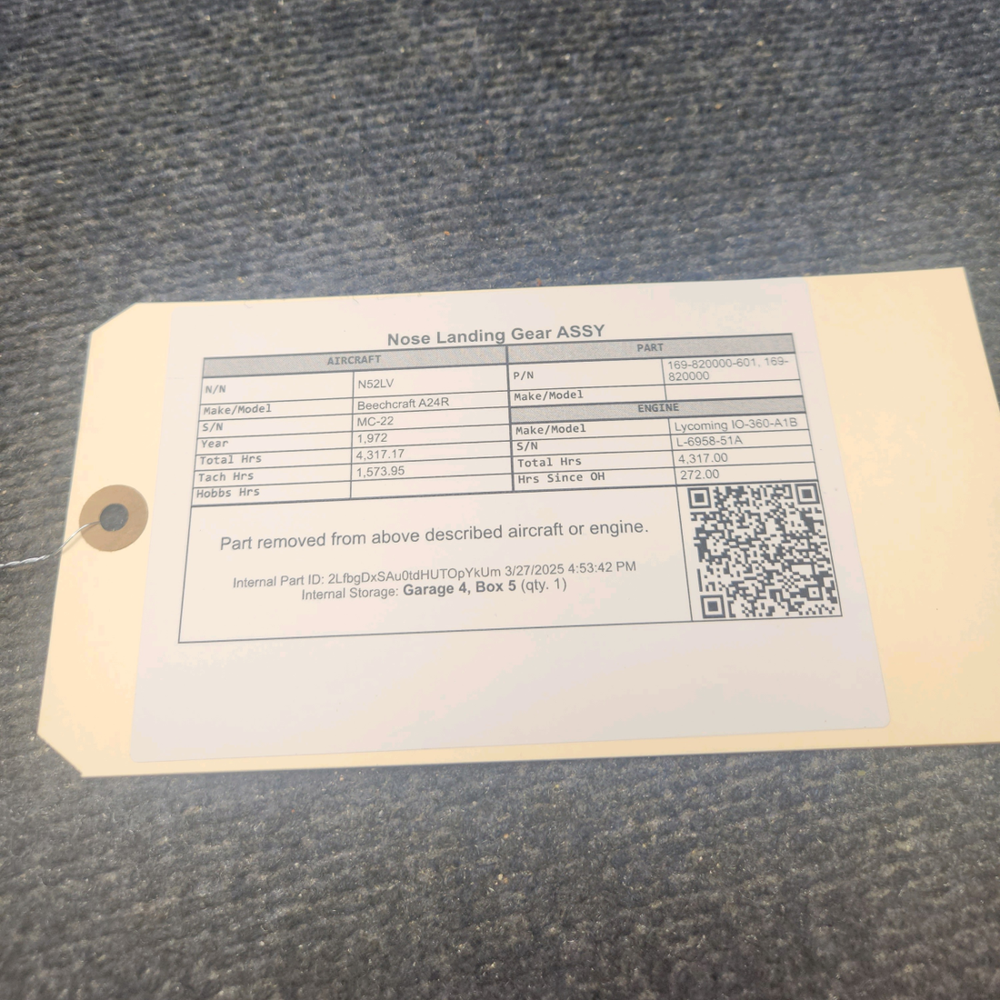 Used aircraft parts for sale, 169-820000-601 Beechcraft A24R Nose Landing Gear ASSY