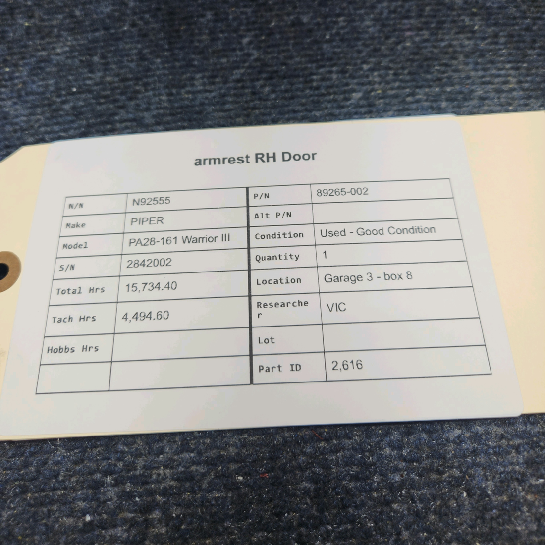 Used aircraft parts for sale, 89265-002 PIPER PA28-161 Warrior III ARMREST RH DOOR