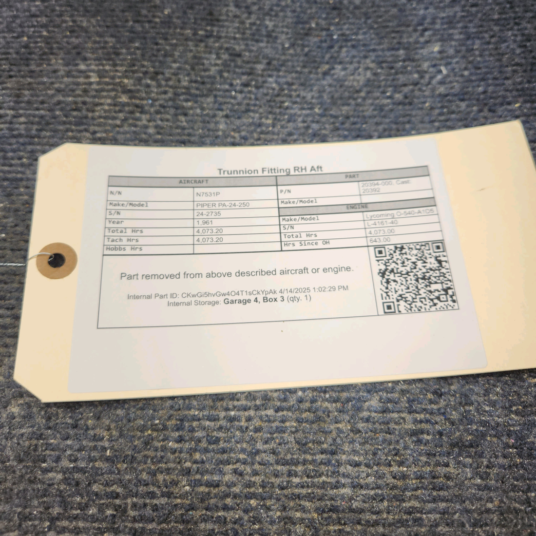 Used aircraft parts for sale, 20394-000 PIPER PA-24-250 Trunnion Fitting RH Aft