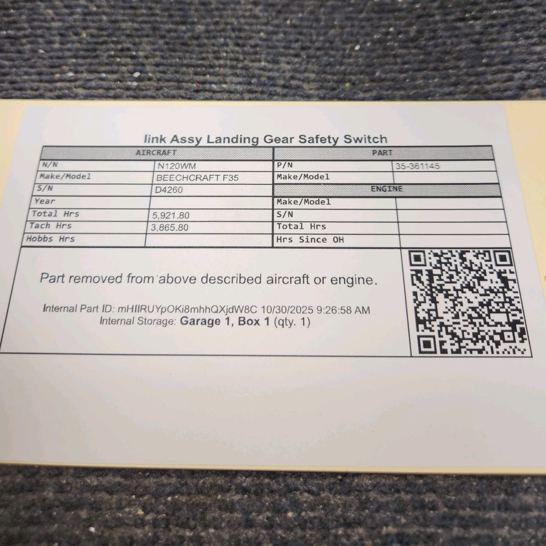 Used aircraft parts for sale, 35-361145 BEECHCRAFT F35 Landing Gear Safety Switch link