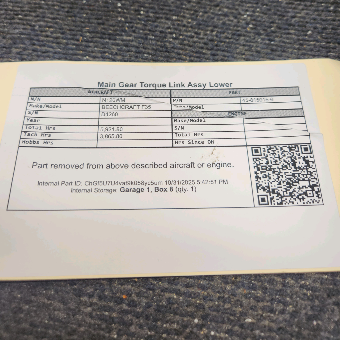 Used aircraft parts for sale, 45-815015-6 BEECHCRAFT F35 Main Gear Torque Link Lower