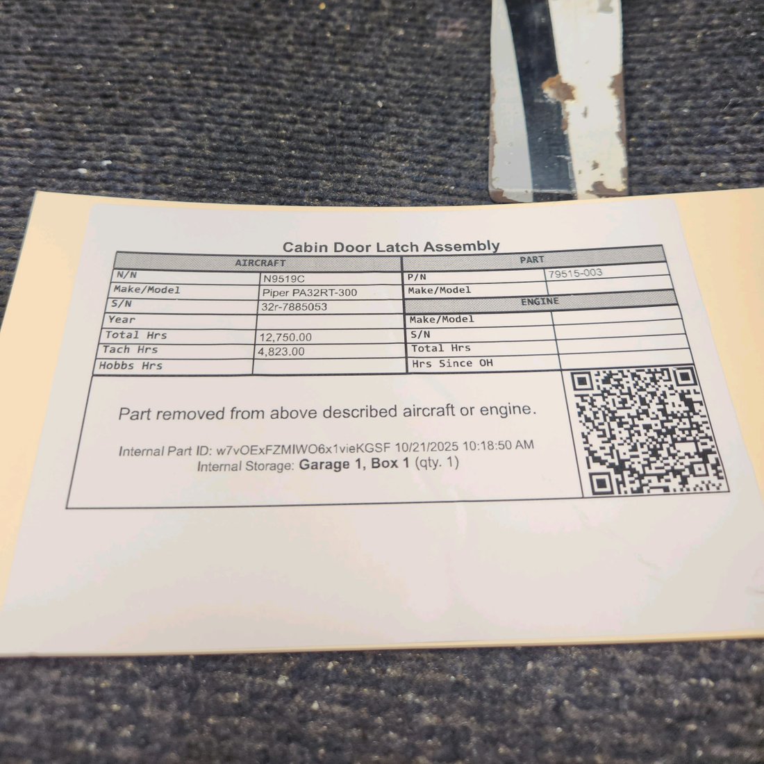 Used aircraft parts for sale, 79515-003 Piper PA32RT-300 Cabin Door Latch Assembly