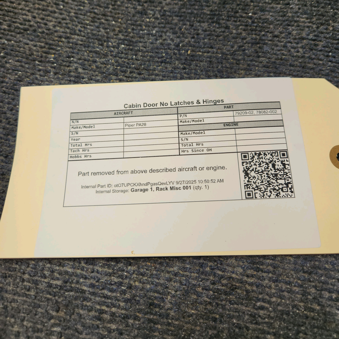 Used aircraft parts for sale, 79209-02 Piper PA28 Cabin Door - No Latches or Hinges