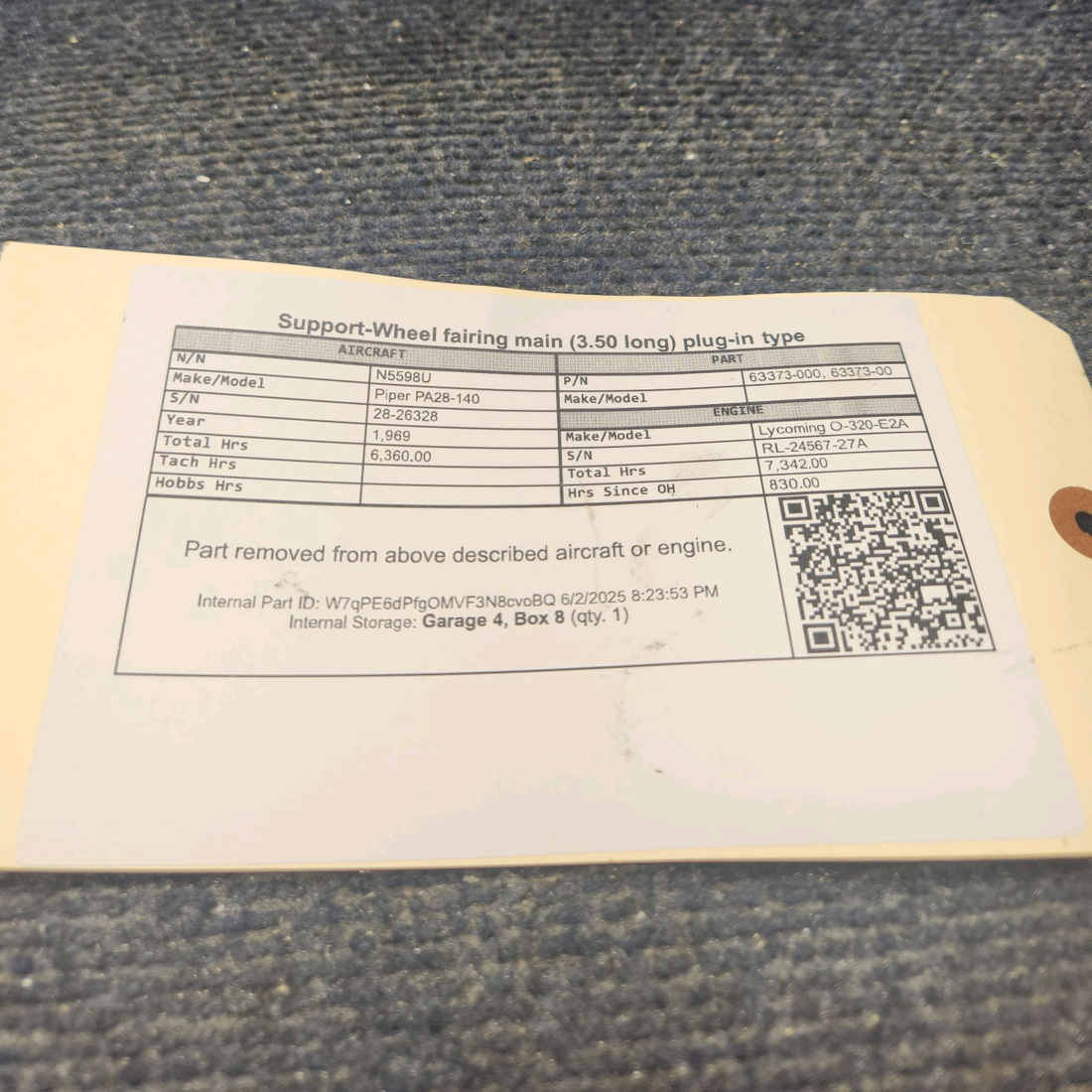 Used aircraft parts for sale, 63373-000 Piper PA28-140 Support-Wheel fairing main (3.50 long) plug-in type