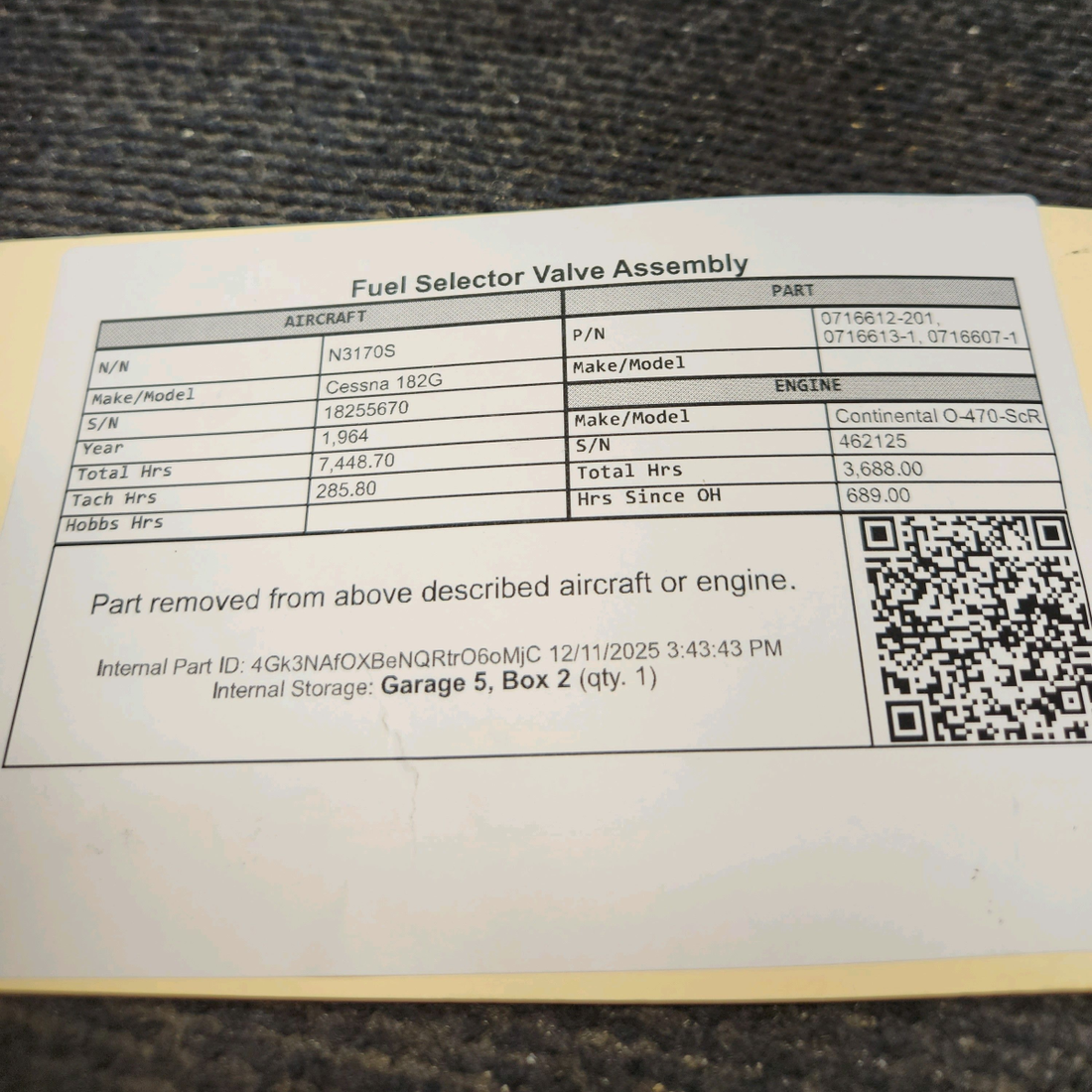 Used aircraft parts for sale, 0716607-1, 0716613-1, 0716612-201 Cessna 182G Fuel Selector Valve Assembly