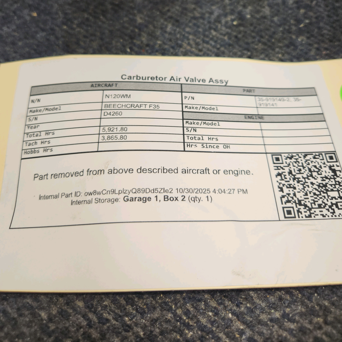 Used aircraft parts for sale, 35-919149-2 BEECHCRAFT F35 Carburetor Air Valve Assy