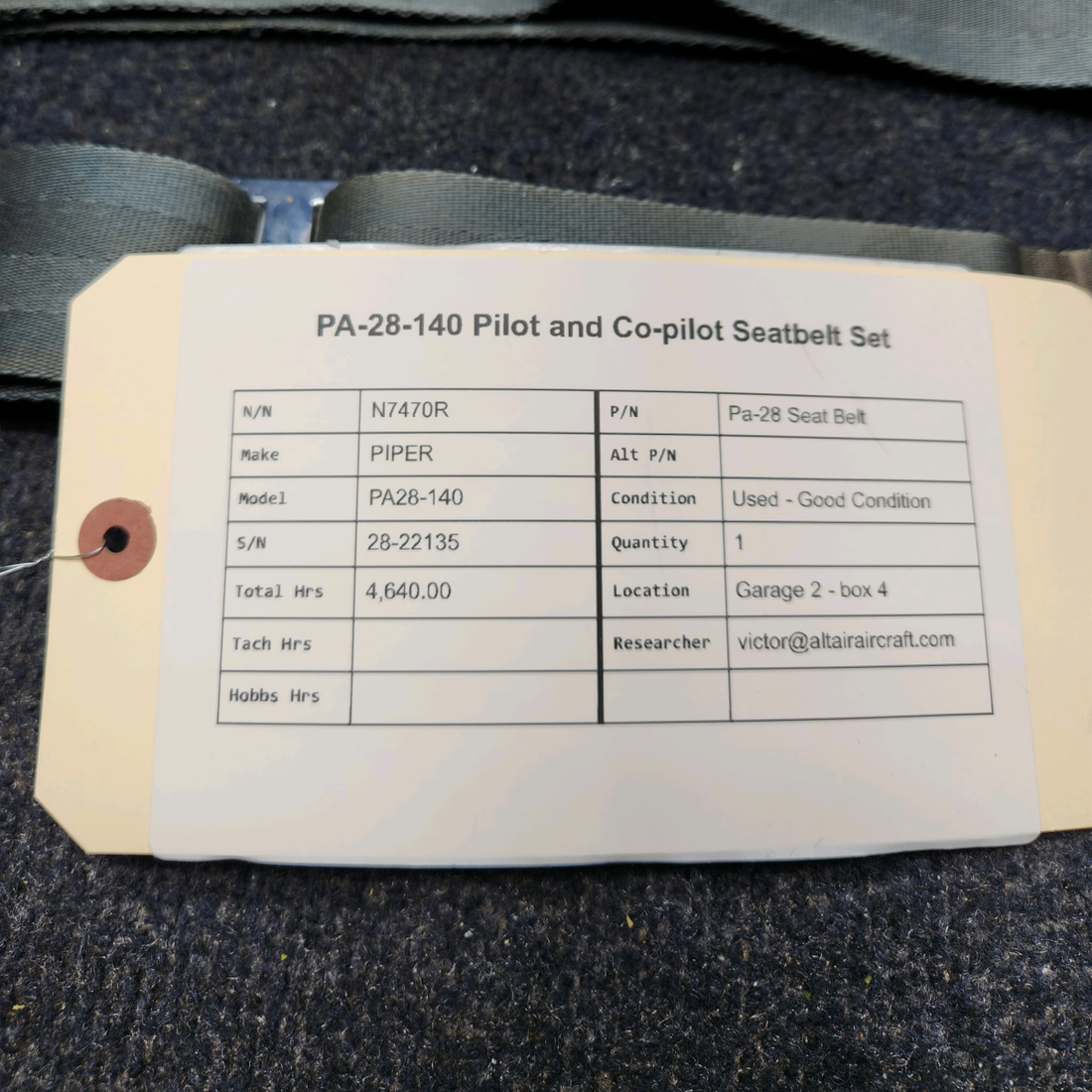 Used aircraft parts for sale, Pa-28 Seat Belt America Safety PIPER PA28-140 PA-28-140 PILOT AND CO-PILOT SEATBELT SET