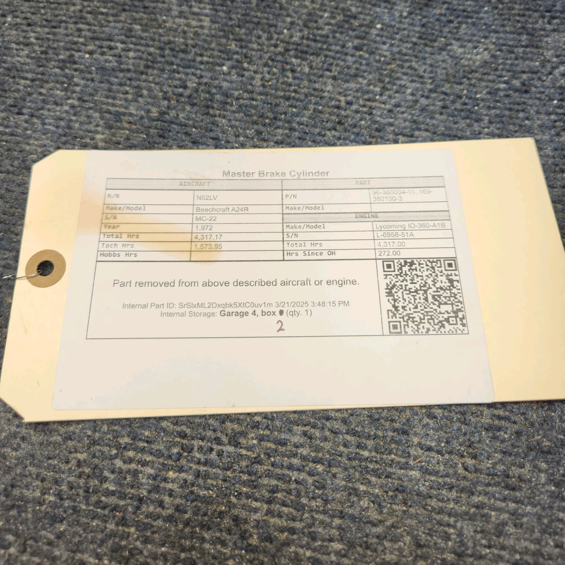 Used aircraft parts for sale, 96-380034-11 Beechcraft A24R Master Brake Cylinder