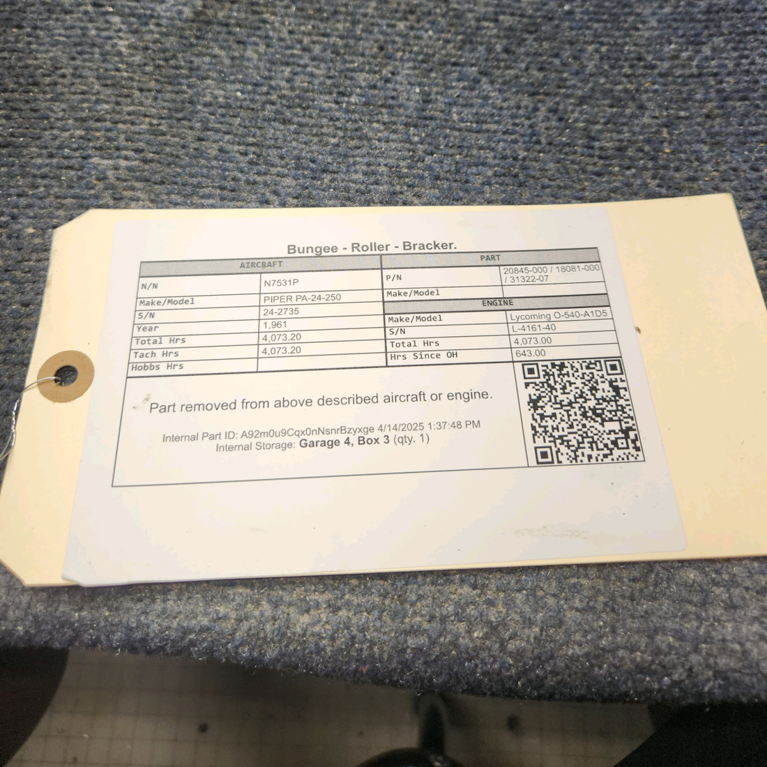 Used aircraft parts for sale, 20845-000 /  18081-000 / 31322-07 PIPER PA-24-250 Bungee - Roller - Bracker.