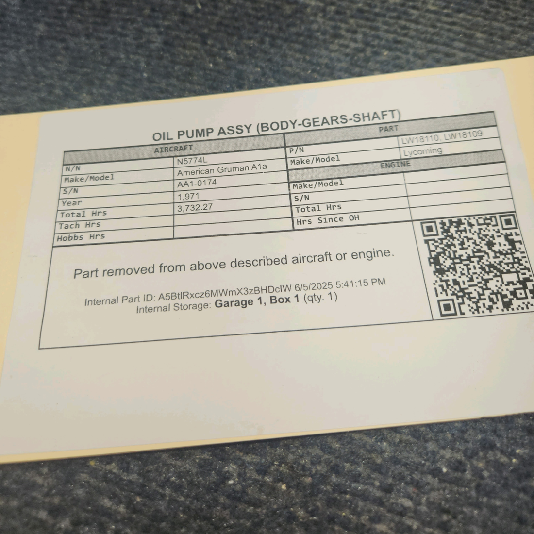Used aircraft parts for sale, LW18110, LW18109 Lycoming 0-320-E2A American Gruman A1A OIL PUMP ASSY (BODY-GEARS-SHAFT)
