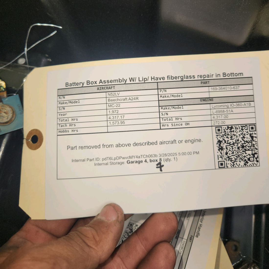 Used aircraft parts for sale, 169-364010-637 Beechcraft A24R Battery Box Assembly W Lit Has fiberglass repair on the Bottom