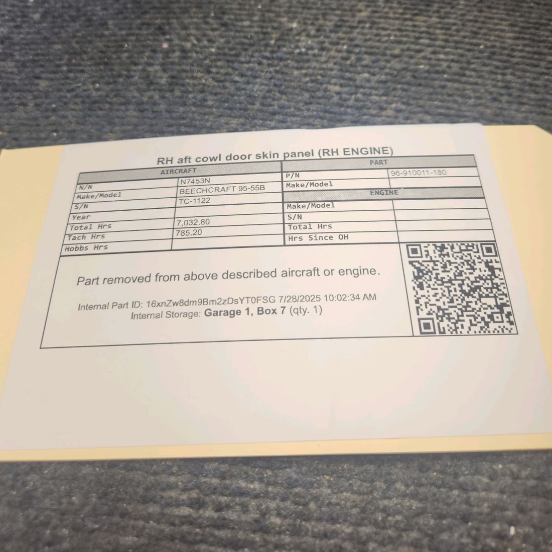 Used aircraft parts for sale, 96-910011-180 BEECHCRAFT 95-55B Aft RH Cowl Door Skin Panel (Right Engine)