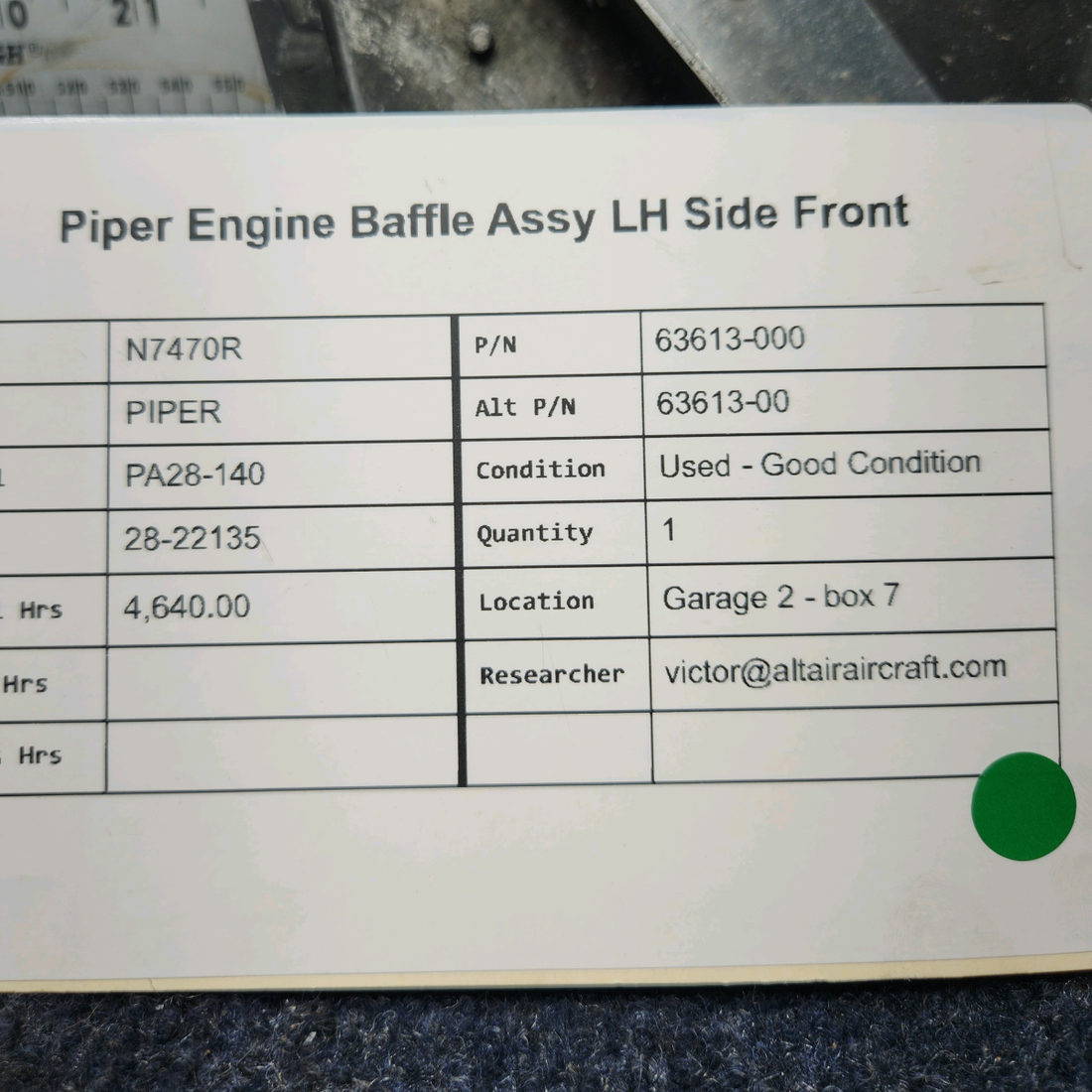 Used aircraft parts for sale, 63613-000 PIPER PA28-140 ENGINE BAFFLE ASSY LH SIDE FRONT