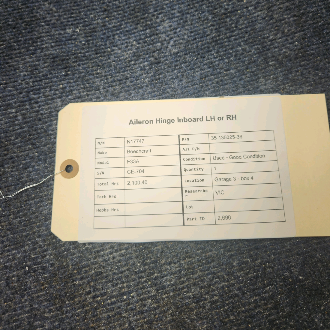 Used aircraft parts for sale, 35-135025-36 Beechcraft F33A AILERON HINGE INBOARD LH OR RH