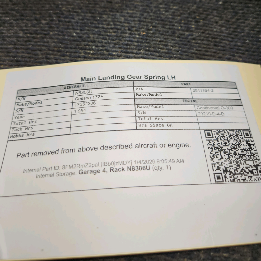 Used aircraft parts for sale, 0541164-3 Cessna 172F Main Landing Gear Spring LH