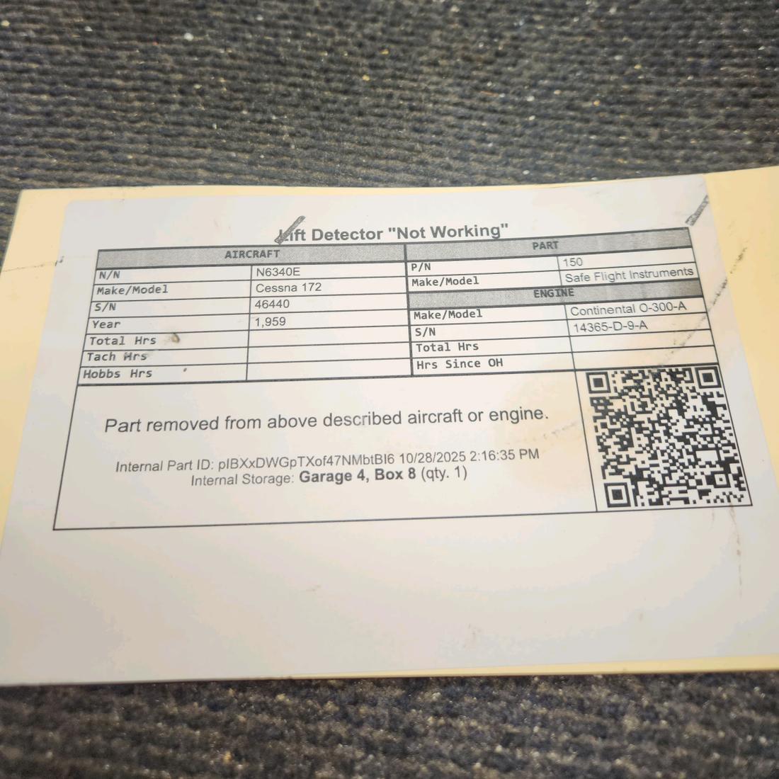 Used aircraft parts for sale, 150 Safe Flight Instruments Cessna 172 Lift Detector "Not Working"